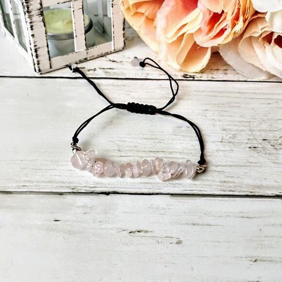 NEW Adjustable Genuine Pink Quartz Stone Black Cord Bracelet Boho - Picture 1 of 2